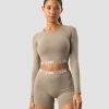 Dame ICIW Seamless | Define Seamless Logo Long Sleeve Crop Top Taupe