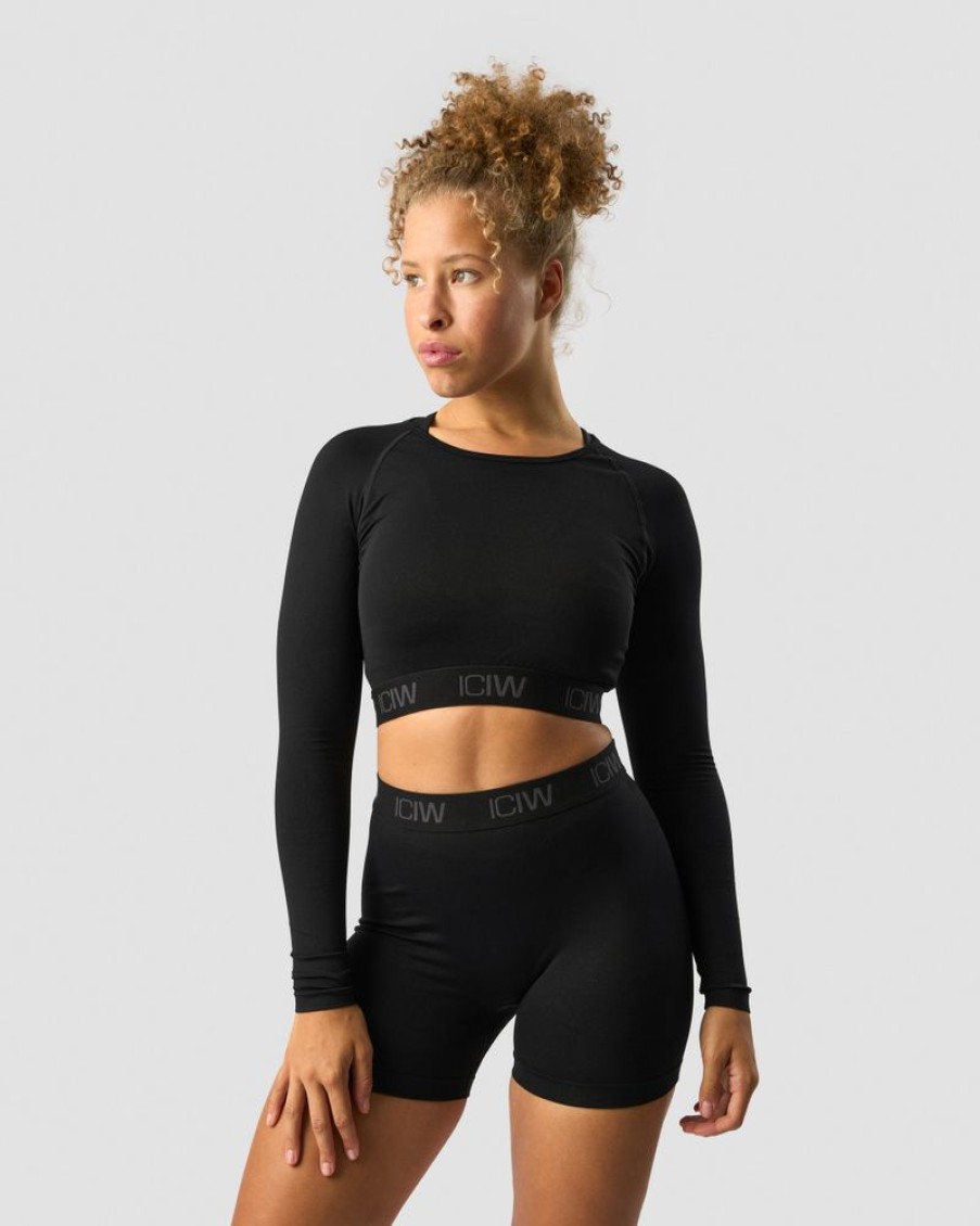 Dame ICIW Seamless | Define Seamless Logo Long Sleeve Crop Top Black