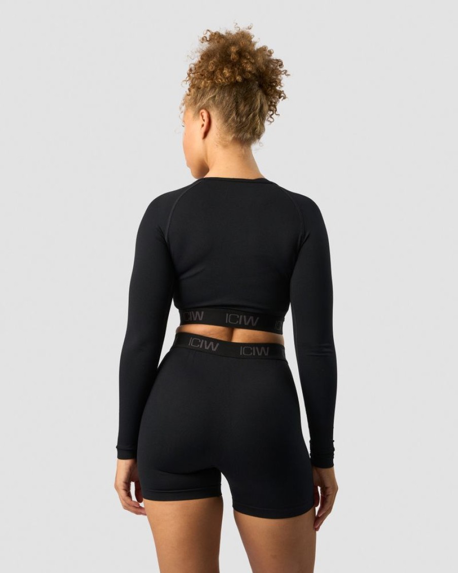 Dame ICIW Seamless | Define Seamless Logo Long Sleeve Crop Top Black